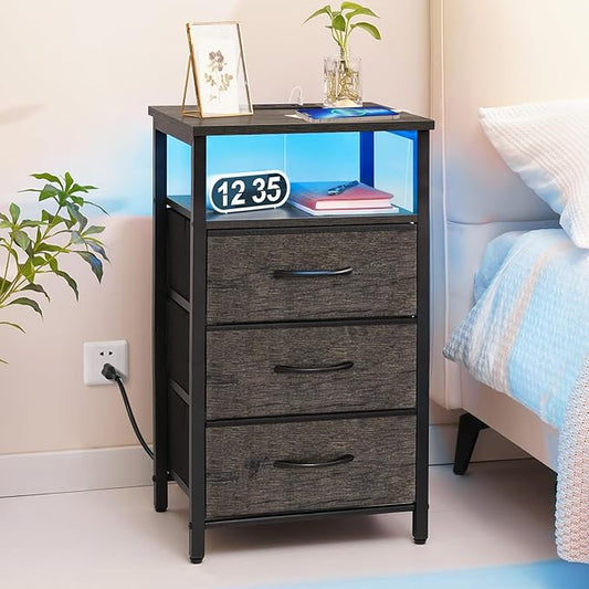 Yoobure Night Stand with Charging Station, 16 Colors LED Nightstand with USB Ports and Outlets, End Table with 3 Fabric Drawers and Storage Shelf, Bedside Tables Small Dresser for Small Space Gray