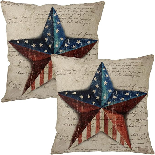 Patriotic Star Outdoor Pillow Covers 20x20 Set of 2 4th of July Vintage American USA Flag Throw Pillows Independence Memorial Day Throw Pillow Cases for Couch Sofa Bedroom Living Room Decor