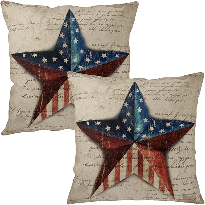 Patriotic Star Outdoor Pillow Covers 16x16 Set of 2 4th of July Vintage American USA Flag Throw Pillows Independence Memorial Day Throw Pillow Cases for Couch Sofa Bedroom Living Room Decor
