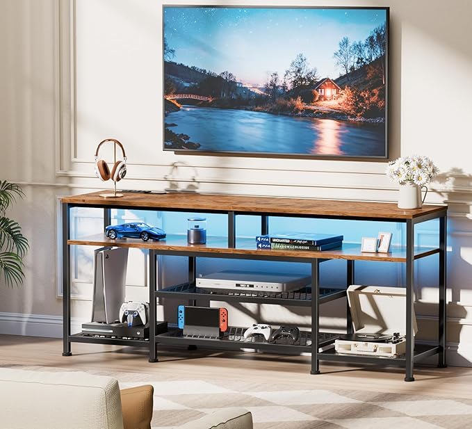 Furologee TV Stand with Power Outlets and LED Lights, 55 Inch Entertainment Center for 55 60 Inch TVs, Media Console Table with Open Shelves, for Bedroom, Living Room, Rustic Brown