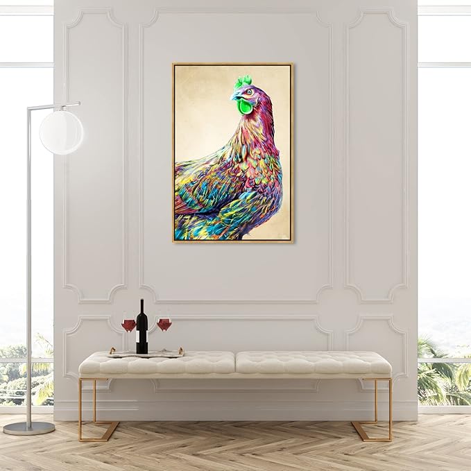 Country Farmhouse Canvas Print Painting Animal Wall Art 'Fun Colorful Glam Rooster' Gold Framed Canvas Rustic Home Décor 30x45 in Pink, Green by Oliver Gal