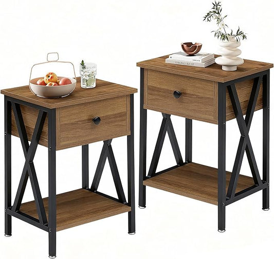 VECELO Night Stand Set of 2, End Tables with Drawer, 2-Tier Bedside Tables with X Shaped, Side Table Stand with Storage Shelf for Living Room/Bedroom,Walnut Brown