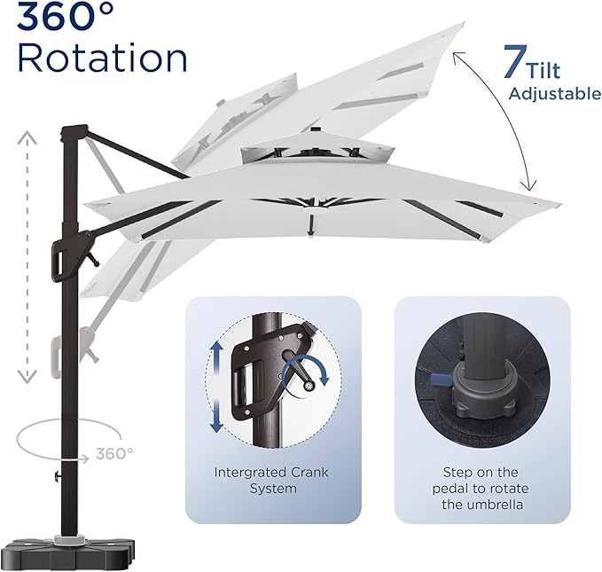 10' X 13' Patio Umbrella with LED Lights Outdoor Cantilever Large Rectangle Offset Umbrellas Heavy Duty Aluminum Double Top with 360-degree Rotation for Pool Garden Deck, Fog Grey