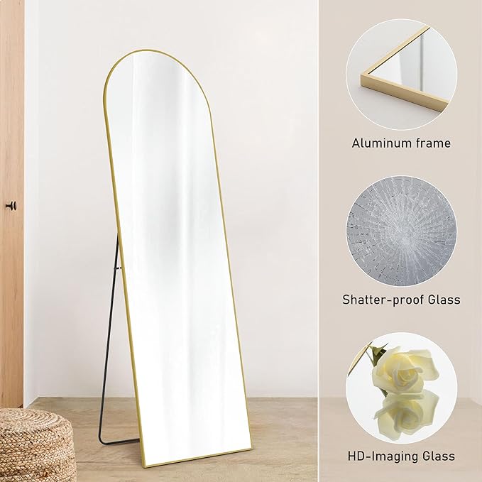 OLIXIS Arched Full Length Mirror for Bedroom, 65"x24" Full Body Mirror with Stand, Hanging or Leaning for Wall, Aluminum Alloy Thin Frame Floor Standing for Living Room, Long, Gold