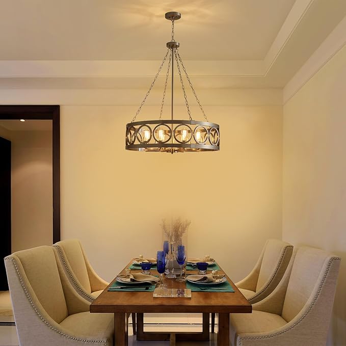 XINGQI 32.3" Large Drum Chandelier Modern Brushed Nickel 8-Light Rustic Farmhouse Round Pendant Lighting Fixture for Dining Room Living Room Office Kitchen Island
