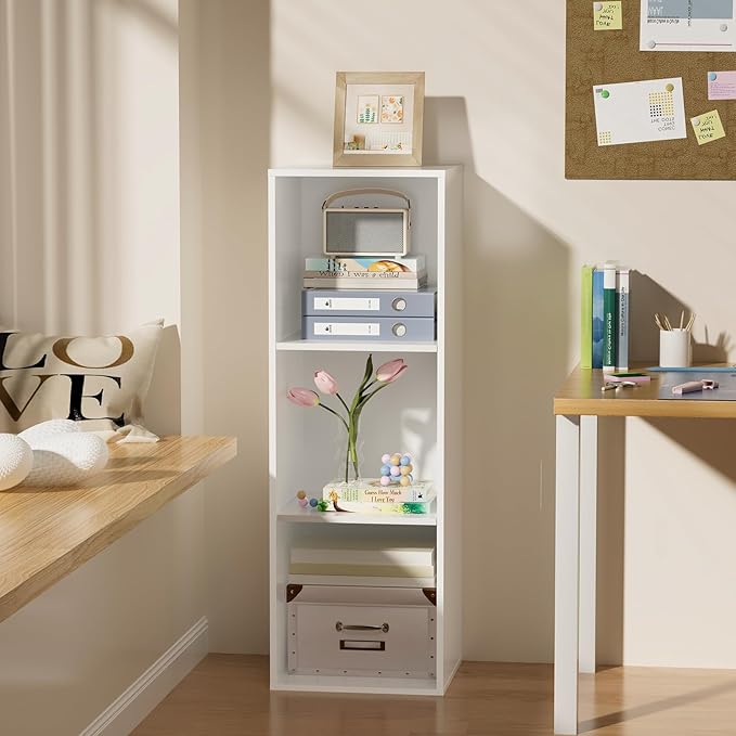 3 Tier Bookshelf, Narrow Bookcase for Small Spaces, Wooden Book Case Bookshelves Storage Organizer for Bedroom Living Room Home Office (White, 3 Cube)
