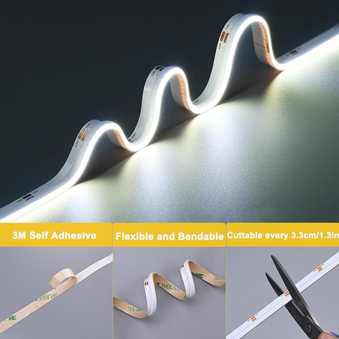 TOPAI Side Emitting 24V COB LED Strip Cool White 6000K 16.4ft Dotless 480LED/M High Density CRI>90 Self Adhesive Cuttable Flexible 8mm Width LED Tape for Home, Office DIY Lighting