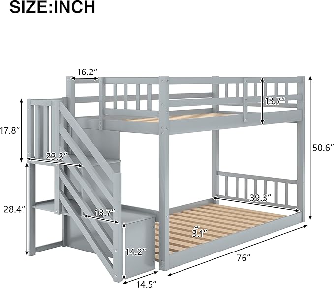 Twin Over Twin Bunk Bed with Ladder and for Storage Staircase for Teens, Boys or Girls, No Box Sping Needed