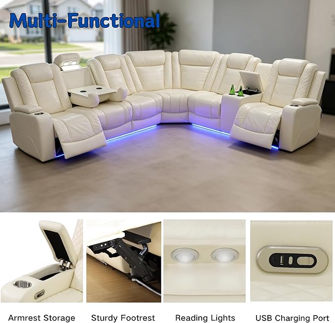 Power Recliner Sectional Sofa with LED Lights & Reading Lamps, Breathing Leather Corner Couch with USB Charging, Storage Console & Cup Holders in Every Armrest, Home Theater Seating for Living Room