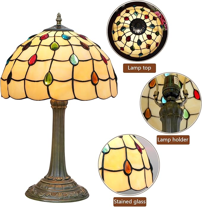 Tiffany Lamp Stained Glass lamp 12 inches Bedside Table Lamps for Living Room Bedroom Dorm Kitchen Home Decor Festival Birthday Gift,Colorful Beads
