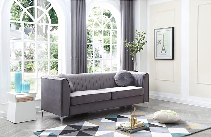 Glory Furniture Delray Velvet Upholstered Sofa in Gray/Chrome Legs