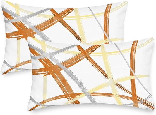 CaliTime Throw Pillow Cases Pack of 2 Cozy Fleece Arc-Shaped Abstract Geometric Lines Decorative Cushion Covers for Couch Bed Sofa Farmhouse Decoration 12 X 20 Inches Burnt Orange Light Gold Grey