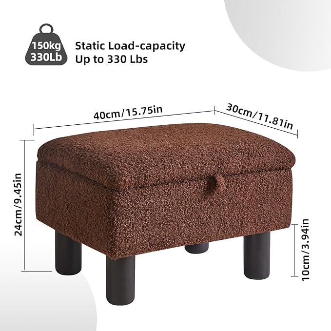 Small Foot Stool Ottoman with Storage, Teddy Velvet Foot Rest with Wood Legs and Safety Hinge Flip Top, Bedside Step Stool Rectangle 16x12x9.5inch for Living Room Bedroom Teddy Brown YD-JD136B