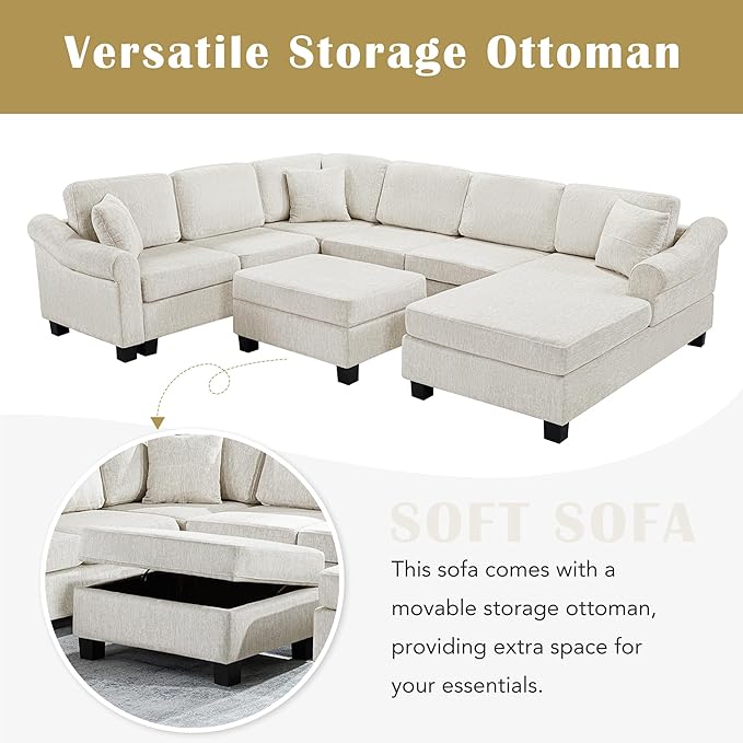 ERYE 112-Inch U-Shaped Sectional Sofa with Movable Storage Ottoman, Oversized Chenille Upholstered Corner Modular Sofa Couch W/Right Facing Chaise Lounge and 3 Toss Pillows