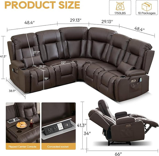 IPKIG Power Recliner Sofa with Flip-Up Backrest Console, USB & USB-C Ports, AC Outlet, LED Lights, Wall Hugger Recliners for Living Room, RV (Brown, 77.53" - 5 Seat) | Faux Leather, Zero Gravity, Dual Reclining, 2 Lumabr Pillow
