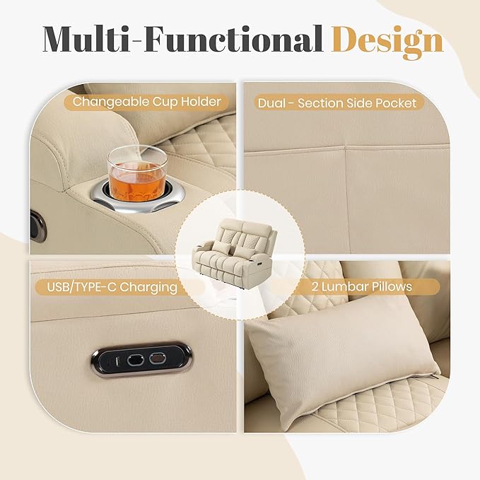 2-Piece Power Reclining Sofa Set, 3-Seater Sofa with Drop-Down Console & 2-Seater Loveseat, Zero Wall Hugger Electric Recliner Couch with Adjustable Headrest, AC Outlets (Beige, Loveseat)