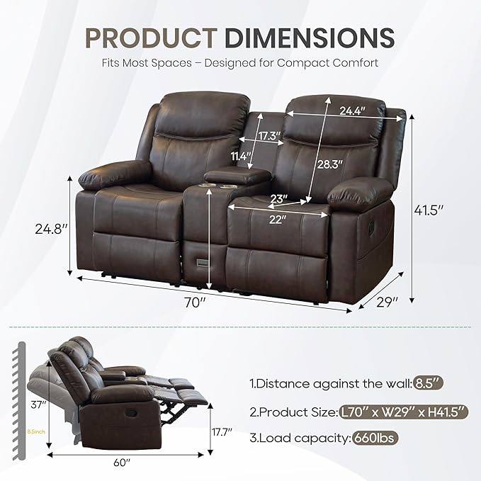 Manual Reclining Loveseat with Massage and Heat, Double Recliner Sofa with Center Console, Cup Holders & Storage for Living Room, RV (Brown)