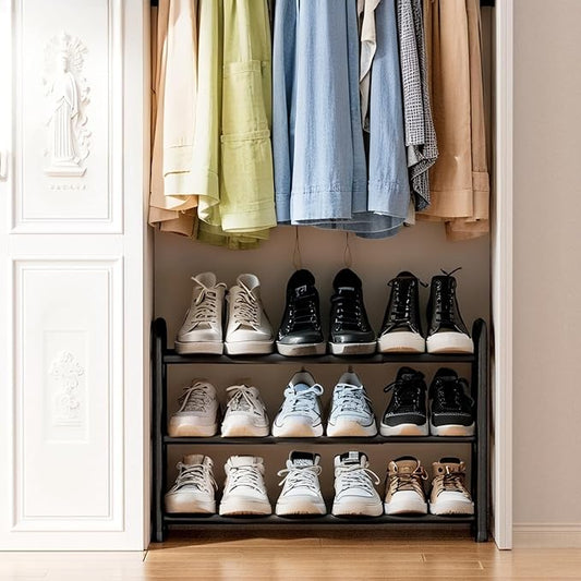 Expandable Shoe Rack, 3 Tier Adjustable Shoe Organizer Shelf for Closet,Slim Narrow Black Metal Free Standing Shoe Rack Storage for Small Space, Entryway, Hallway