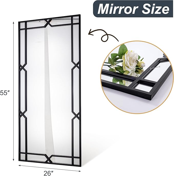 Chende 26"x55" Long Narrow Large Decorative Mirror with Matte Black Metal Tube Frame, Modern Living Room Mirror with Clear Recflection for Wall Decor, Hang Vertically or Horizontally, Gift