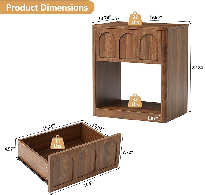 Small Nightstand Set of 2 with Storage, Accent Bedside Nightstand with Drawer, Mid Century Modern Bedroom Bed Side Table for Small Spaces, Dorm, Living Room, Couch Sofa Chair - Walnut