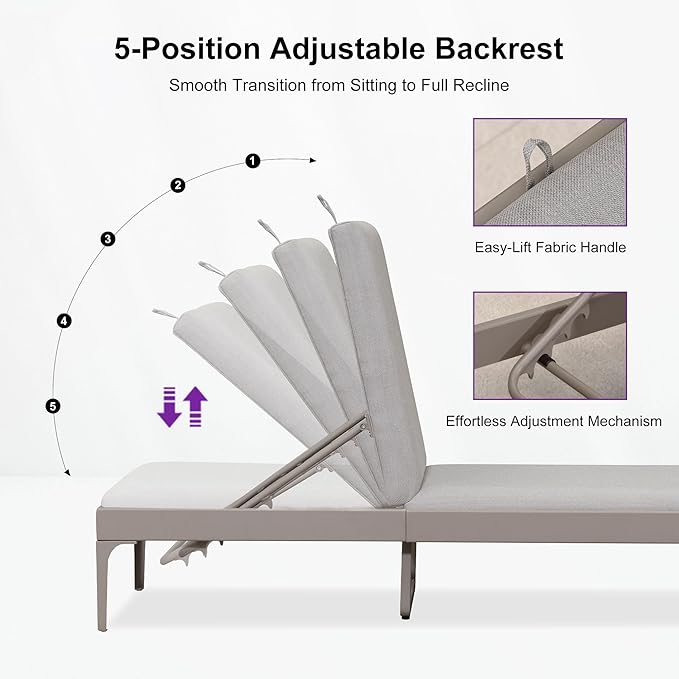 PURPLE LEAF Outdoor Chaise Lounge Set of 2 Aluminum Adjustable Patio Lounger Chairs with Cushions Reclining Beach Daybed for Poolside Balcony Deck Backyard, Champagne