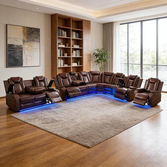 Power Recliner Sectional Sofa Set, Brown Leather Sectional Couch Set with 5 Recliners for Living Room, L Shape Reclining Sofa with Cup Holder, Hidden Storage, Coffee Table for House(9 Seat)