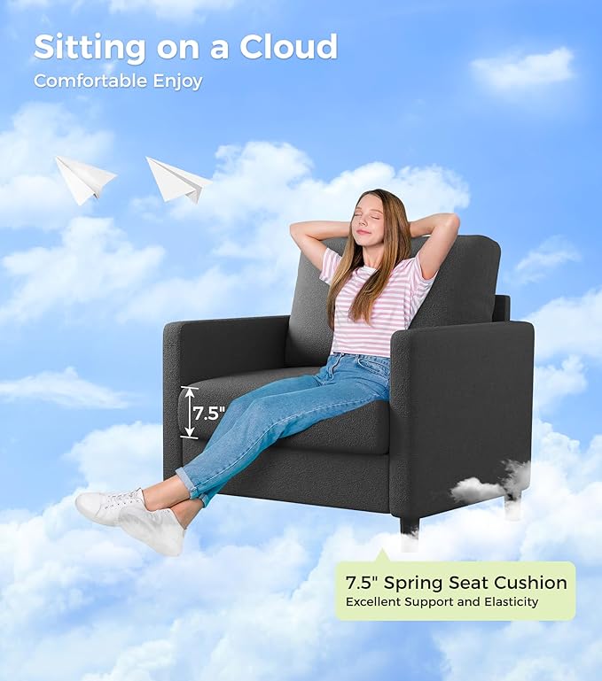 Welzona Sofa Accent Chair, 33" Reading Chair for Bedroom, Tool-Free Setup Living Room Accent Chairs, Comfy Arm Chairs Living Room, All-Wood Reading Nook, Grey