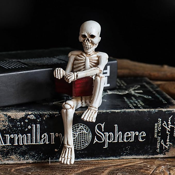 Modern Reading Figurine Decor Office, Human Skeleton Decor Library Resin Abstract Reading, Christmas Decorations Indoor Halloween for Graveyard, Thinker Style for Office Shelf Desktop