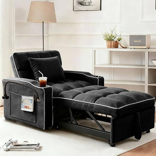 Sleeper Chair, Pull Out Chair Sleeper with Bracket and Cup Holder, Single Convertible Chairs Bed Sleepers for Adults, 3 in 1 Sofa Bed Chairs for Small Spaces, Living Room, Black