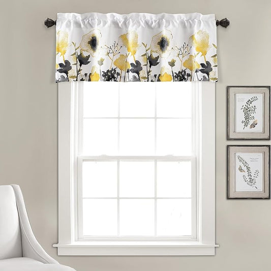 Lush Decor Zuri Flora Room Darkening Valance Curtain Single 52" W x 18" L + 2" Header Yellow & Gray - Valances for Windows - Floral Kitchen Curtains