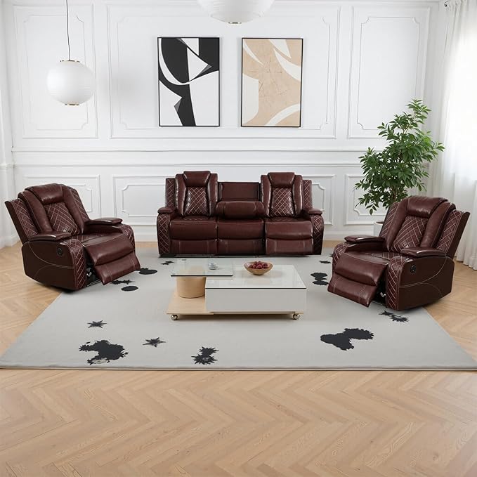 Power Recliner Sofa Set, Breathing Leather Reclining Couch Set, Leather Couch and 2 Recliner Chairs Set with LED Lights/Charging Ports/Storage for Home/Office (Auburn, Sofa+2 Chairs)