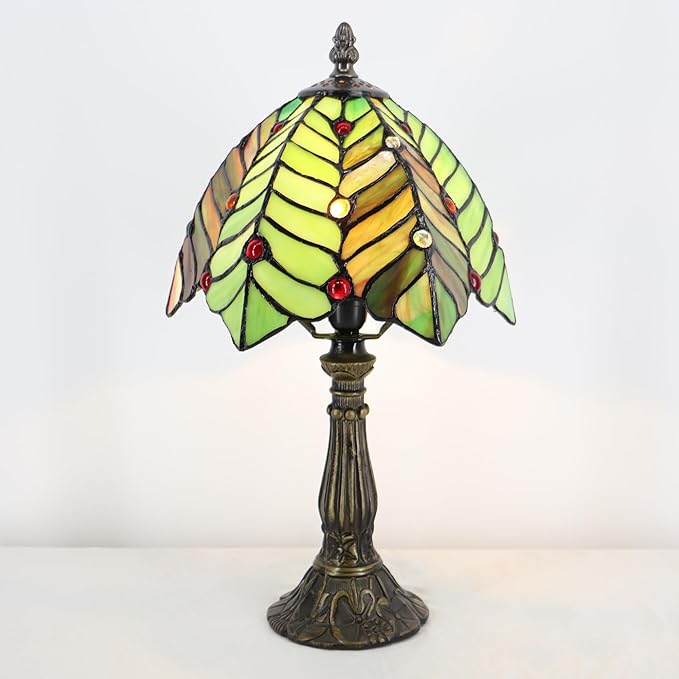 Small Tiffany Lamp Mini Accent Table Lamp Stained Glass Desk Memory Lamp Sympathy 8X14.5 Inch (Brown Green Leaf)