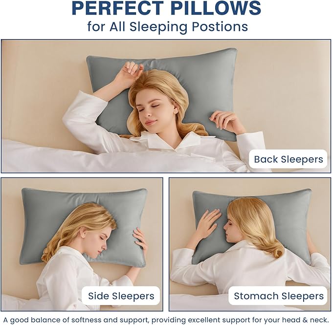 Goose Down Pillows Standard Size Set of 4, Hotel Quality Bed Pillow for Sleeping 4 Pack, 900 Fill Power Natural White Goose Feather Pillows with 700 TC 100% Organic Cotton Shell, 18"x26" Dark Grey