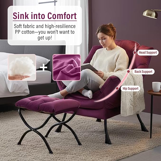Lazy Chair with Ottoman, Modern Chair with Folding Footrest, Velvet Dark Purple Accent Chair, Comfortable Reading Chair, Oversized Armchairs for Bedroom, Study, Living Room, Courtyard