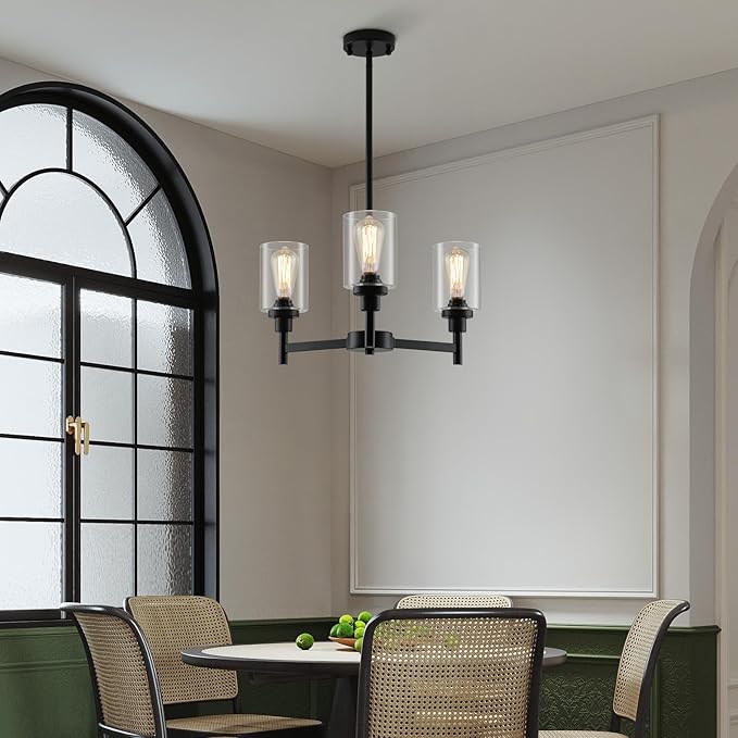 3 Lights Black Chandeliers for Dining Room Light Fixture Over Table, Entryway Chandelier for Foyer, Hallway Lighting Fixtures with Glass Shade for Dining Room Kitchen Island Foyer Hallway