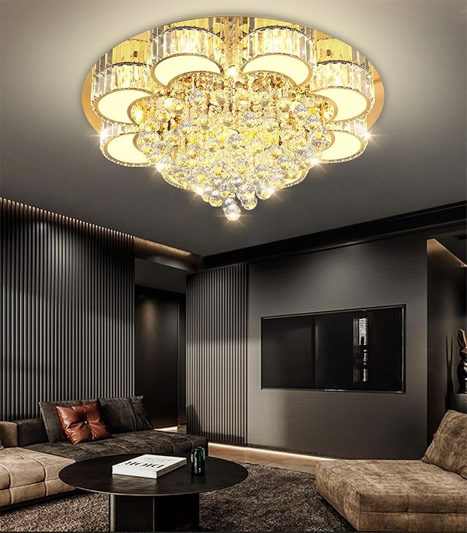 31.4'' Gold Modern Crystal Chandeliers for Dining Room LED Dimmable Light Fixtures Flush Mount Light Living Room Bedrooms