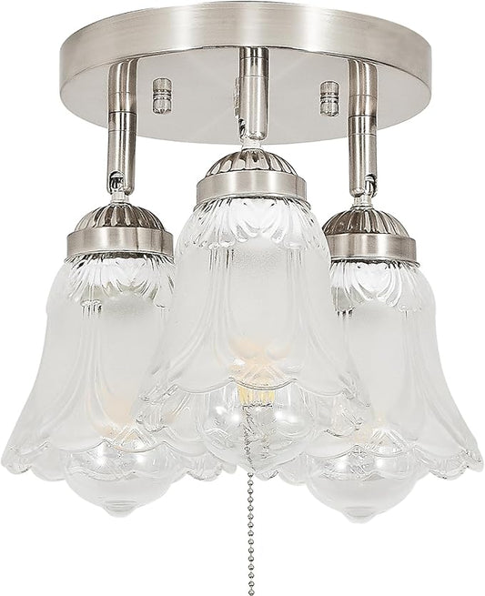 3-Light Flush Mount Ceiling Light with Pull Chain Clear and Frosted Glass Low Profile Lighting Fixtures for Kitchen Living Room Dining Room Closet (Brushed Nickel)