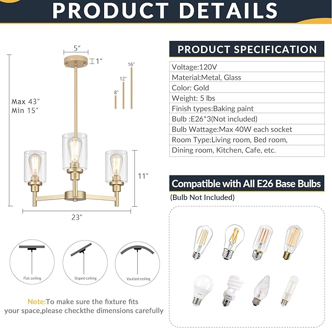 3-Lights Gold Chandeliers for Dining Room Light Fixture, Farmhouse Chandeliers Over Table, Hallway Lighting Fixtures with Glass Shade for Entryway Dining Room Kitchen Island Foyer