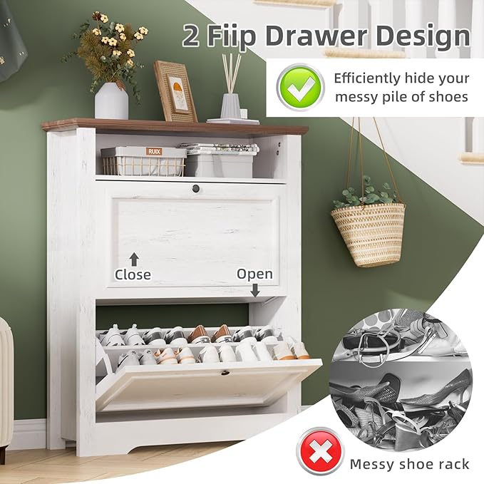 39" Farmhouse Shoe Storage Cabinet with 2 Flip Drawers and Adjustable Entryway Shelves, Hidden Shoe Organizer, White Walnut