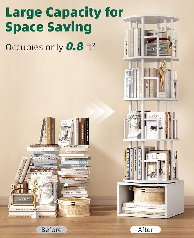 5 Tier Rotating Bookshelf with Extra Storage Cabinet, 360°Spinning Corner Bookshelf, Floor Standing Bookcase for Kids & Adult, Narrow Book Shelf for Bedroom Living Room, Pure White