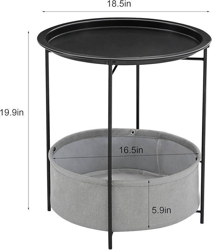 VECELO Round Side/End Table with Fabric Storage Basket，Metal Anti-Rust and Waterproof Small Bedside Nightstand with Removable Tray Top for Living Room，Balcony & Laundry，Black /1pcs with Basket