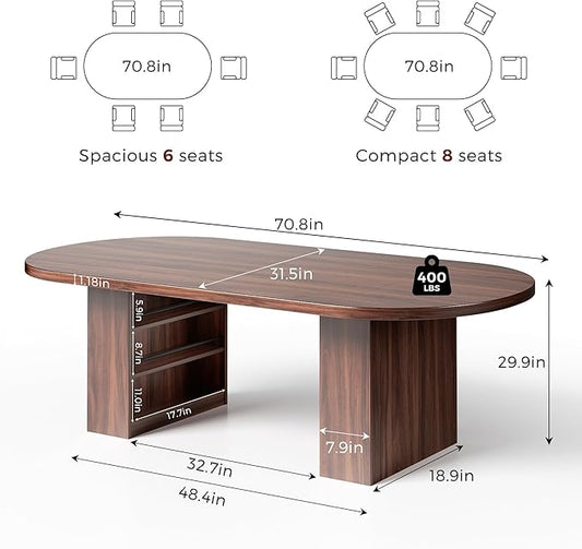 70.8" Oval Dining Table for 6 8, Modern Dining Room Table with Storage, Wood Kitchen Table with Heavy Duty Legs, Dinner Tables for Kitchen Dining Room (Walnut)