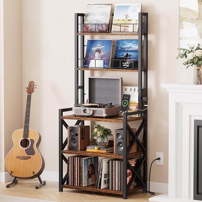 Record Player Stand with Power Outlet, 5-Tier Vinyl Record Storage Rack with Turntable Stand, LP Album Organizer & Display Rack, Media Storage Cabinet for Living Room Bedroom Music Corner