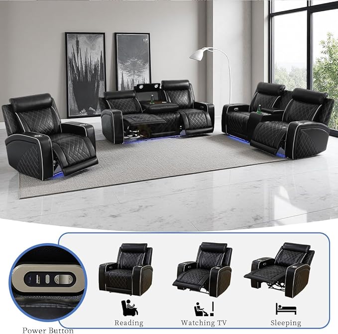 3 Piece Living Room Furniture Set with Cup Holders, Power Recliner Sofa Set, Black Breathing Leather Reclining Couch with LED Lights/Charging Ports/Storage Console for Living Room/Office