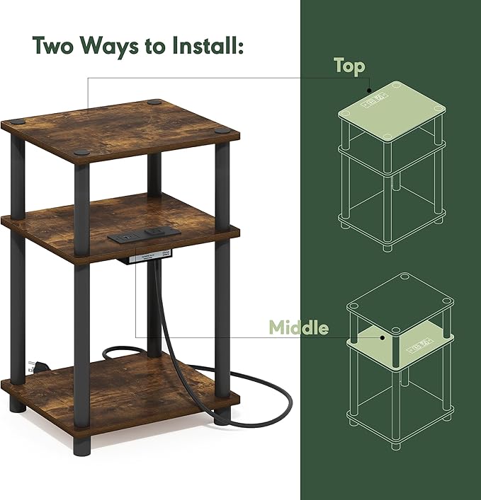 Furinno JUST Side Table, 3-Tier Modern End Table with Charging Station, Easy Assembly Night Stand, Bedside Table with USB and Type-C Charging Port, for Living Room, Bedroom, Amber Pine