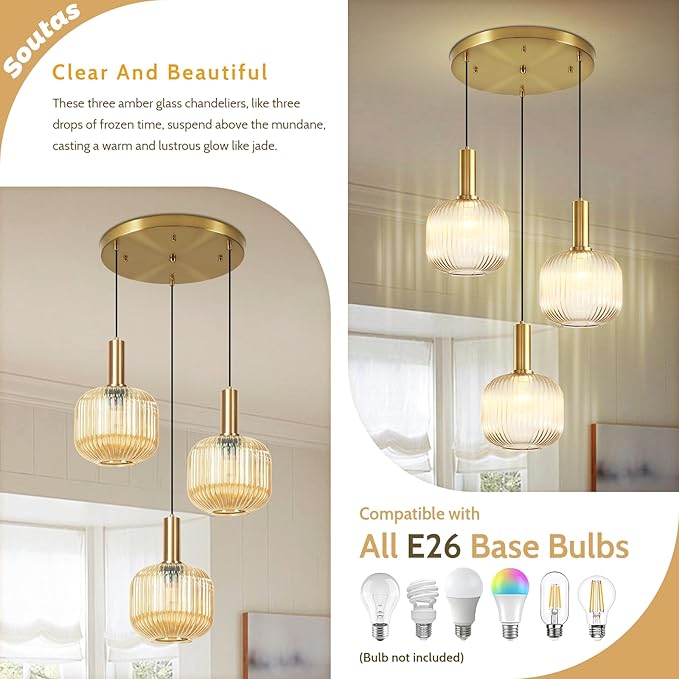 Gold Cluster Pendant Lights, 3-Light Dining Room Light Fixture Over Table, Modern Kitchen Island Chandelier, Multi Light Pendant Lighting Fixtures Ceiling Hanging with Amber Glass Shade