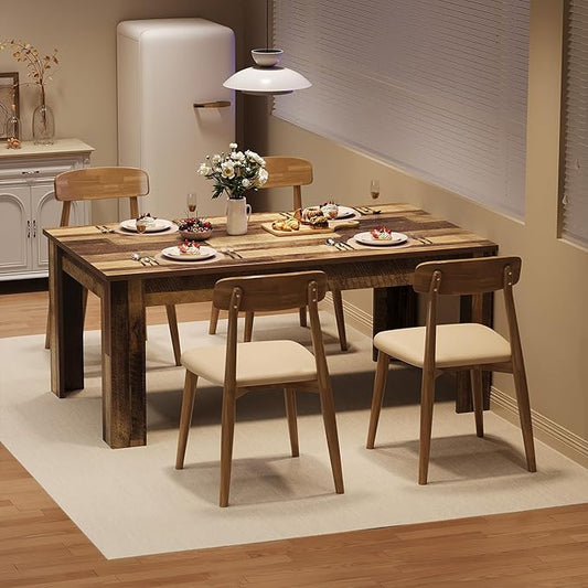 Garvee Wood Farmhouse Dining Table for 4-6, Heavy Duty Large Kitchen Table, 63 Inches Long Rectangular Dining Room Tables with Strong Legs, Thickness Tabletop, for Big Family, Dinette, Rustic Brown