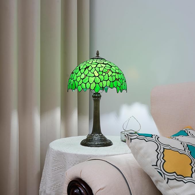 Tiffany Lamp Stained Glass Table Lamp 12X12X18 Inches Green Leaf Style Desk Reading Light Decor Beside Bedroom Living Room Home Festival Birthday Gift