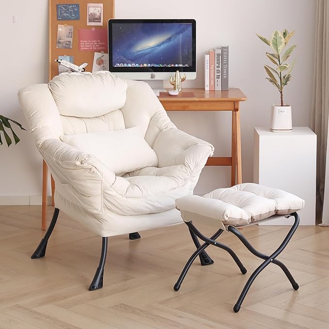 Lazy Chair with Ottoman, Modern Accent Chair with Lumbar Pillow, Velvet Beige Sofa, Armchairs with Folding Footrest, Oversized Supportive Chairs for Bedroom, Reading