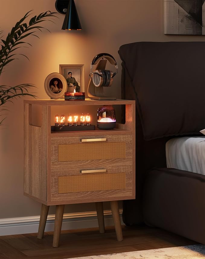 YMYNY Rattan Nightstand Set of 2, Boho Side Table with 2 Drawers, Open Shelf Unit with Arched Design, Solid Wood Legs, Storage Cabinet for Bedroom, Natural UHST015N-2